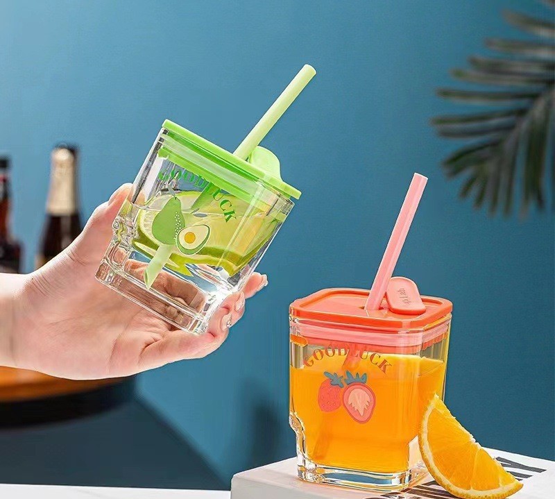 350ml Clear Reusable Glass Cups With Lid And Straw Glass Tumbler Sealed Carry On